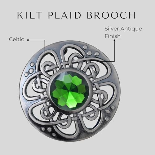 Image of Elegant Culloden Plaid Brooch - Scottish Kilt Fly Plaid Brooch Intricate Celtic Knot in Pewter with Gemstone 3-Inch Diameter - Ideal for Scottish Kilts & Formal Wear