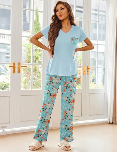 Image of Ekouaer Pajama Sets for Women Short Sleeve Pj Set V Neck Sleepwear Chest Pocket with Long Pants Casual Loose Loungewear