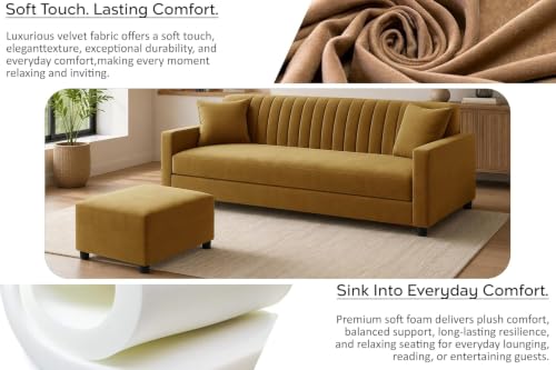 Image of Three-Seater Wooden Sofa Set with Ottoman, Soft Velvet Upholstery, Comfortable Couch for Living Room, Office & Apartment - Golden Color