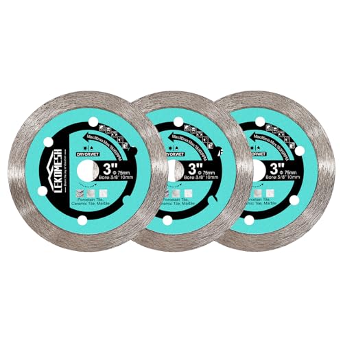 LEKOMESH 3Inch Diamond Saw Blades - 3pcs Diamond Tile Blade 3Inch, Tile Continuous Rim Diamond Blade with 3/8 Inch Arbor for Cutting Ceramic Porcelain Tile,Marble,Granite,Quartz,Artificial Stone