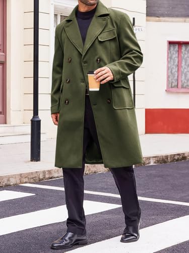 Image of Runcati Mens Trench Coat Notch Lapel Double Breasted Peacoat Wool Blend Casual Long Overcoat