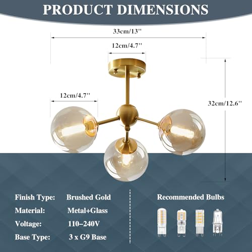 Image of KCO Lighting Small Amber Glass Ceiling Light Bubble Sputnik Chandelier Brass Gold Semi Flush Mount Ceiling Light for Kitchen Bedroom Hallway
