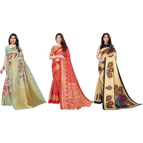 Image of Yashika Women's Sarees Women's Combo Art Silk Printed Saree With Unstitched Blouse Piece |saree for Women | saree combo | New Sari | Saree Pack Of 3