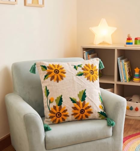 Image of Furnistitchs Handmade Cotton Bohemian Home Decor Cushion Cover 24x24 inches / 60x60 cms - Boho Chic Couch Sofa Throw Living Room Bedroom Cushions (1, Yellow Floral Buds)