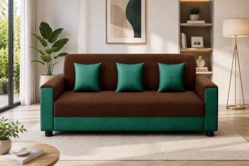 Image of 3 Seater Wooden Sofa | Velvet Fabric Couch with Cushions | Comfortable Living Room Sofa | Sturdy Wooden Frame | Home & Office Furniture | Brown & Green