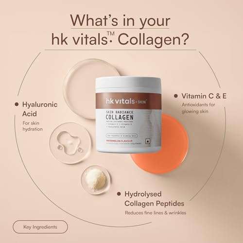 hk vitals Skin Radiance Marine Collagen Supplement (Watermelon, 200g) |Vitamin C, E, Sodium Hyaluronate | For Healthy Skin, Hair & Nails