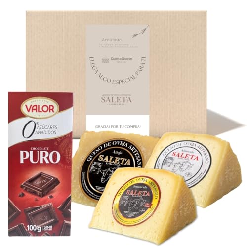 Amaisso® Cesta Quesos Gourmet Regalo - Queso Oveja de La Mancha - 3 Cuñas Queso Semicurado, Añejo y Ahumado - 1 Tableta de Chocolate Negro - Surtido de quesos para regalar (Pack Doble Deseo) Saleta
