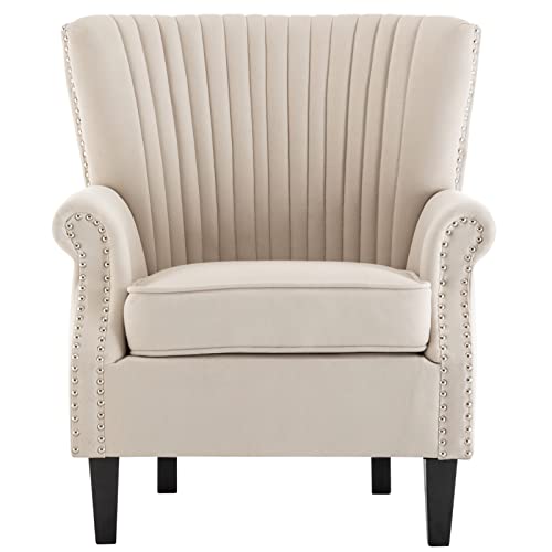 ALIMORDEN Modern Fabric Club Armchair with Wooden Frame, Accent Sofa Side Single Padded Chair, Retro Upholstered Lounge Seat, Comfy Reading Chair for Living Room, Bedroom, Beige - Image 4