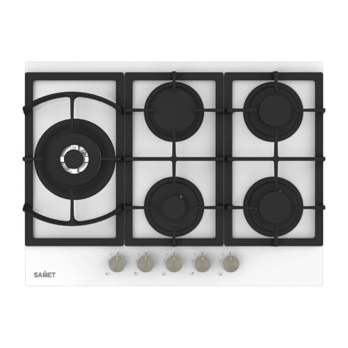 Samet Dafne70 - Placa de cocina a gas de cristal blanco con 5 quemadores, 70 cm