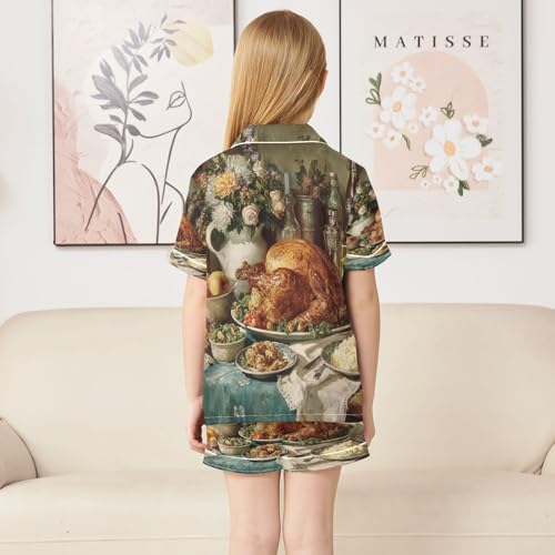 Satin Pajama Sets Short Sleeve Thanksgiving Feast with Turkey Button Down Silky Nightwear 2 Piece PJS 5-14Y4