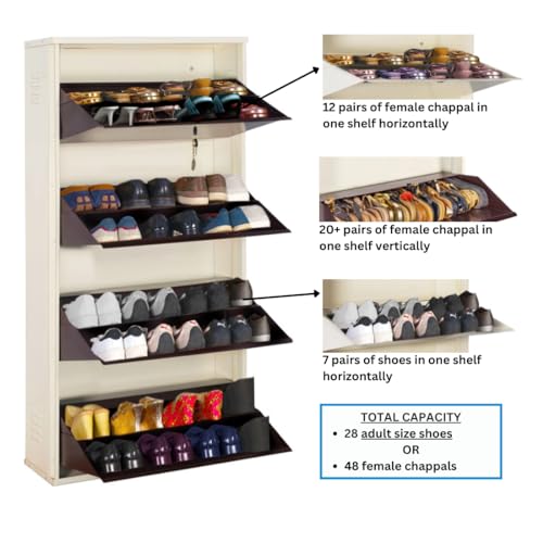 Image of DELITE KOM 29 inch Wide, 8 Shelf Metal Shoe Rack Wall Mounted for Home with Central Lock | Holds Upto 28 Shoes or 48 Slippers Pair | Double Decker, 1Yr Warranty, (54x29x8, Ivory Coffee), DIY, Space Saver