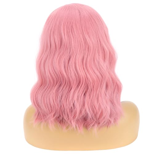 Image of BERON 14 inch Pink Wigs for Women Girls Short Curly Wavy Wig Pastel Colored Shoulder Length Side Part Wave Halloween Cosplay Daily Party Wigs