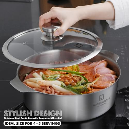 WAGENSTEIGER 4.18Quarts Stainless Steel Sauté pan Casserole Pot with Tempered Glass Lid, 3-Ply Construction with Aluminum Core, Stylish Design, Brushed Finish, Minimalist Design - Image 2