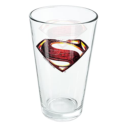 LOGOVISION Justice League Movie Superman Logo 16 oz Pint Glass, Tempered Glass, Licensed Printed Design & A Perfect Fan Gift | Great for Cold Beverages, Soda, Water