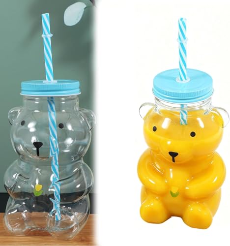 Bear Glass Drinking Cup, 16.9 oz Transparent Glass Mason Jar with Blue Lid and Striped Straw, Animal Theme Bear Shape Design, Reusable Beverage Container for Ages 12+