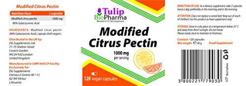 Tulip BioPharma Pectine d'agrumes modifiée (MCP) 500mg 120 gélules végétales, 90% d'acide galacturonique, Testé par un Laboratoire tiers – vue 2
