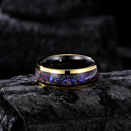 Men's Tungsten Carbide Ring with Blue & Purple Opal Inlay - 8mm Smooth Wedding Band, Gold Accent Comortable Fit3