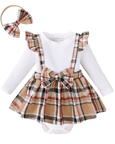 Baby Girl Clothes Sets: 2 Piece Long Sleeve Top Plaid Romper with Headband Fall Winter Outfit for Infant 0-24 Months