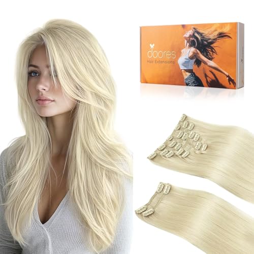 Image of DOORES Hair Extensions Real Human Hair Clip in, Platinum Blonde 18 Inch 150g 9pcs, Remy Hair Extensions Clip in Human Hair Human Hair Extensions Clip ins Silky Straight Thick Real Hair