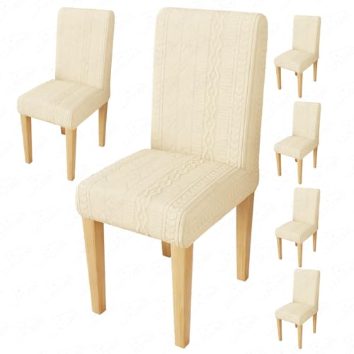 Image of Lukzer Elastic Dining Chair Cover - 6PC Pastel Yellow Zigzag | Textured High Stretch Jacquard Seat Cover | Removable Washable Short Dining Chair Cover Protector Seat Slipcover | (CC-080-06)