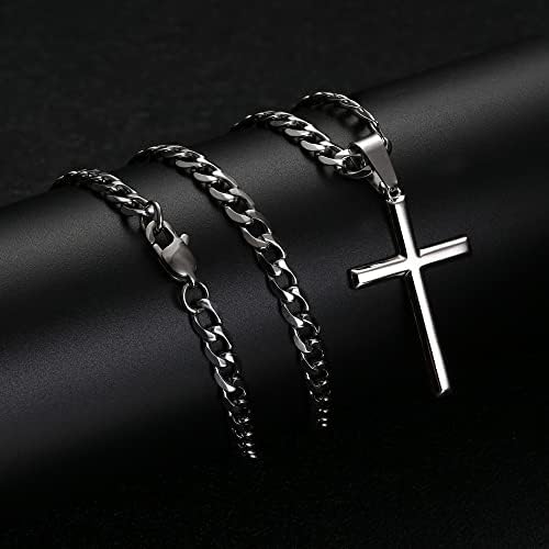 Adramata 925 Sterling Silver Cross Pendant Necklace for Men Women 5MM Stainless Steel Diamond-Cut Cuban Chain Cross Necklace Mens Womens 41/46/51/56/61/71/76CM