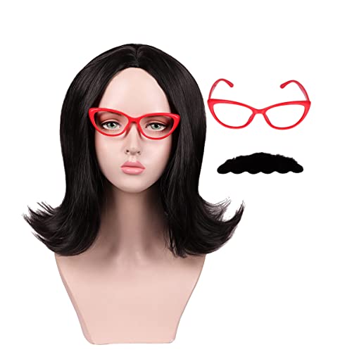 FantaLook Black Medium Cosplay Wig with Glass and Mustache for Halloween