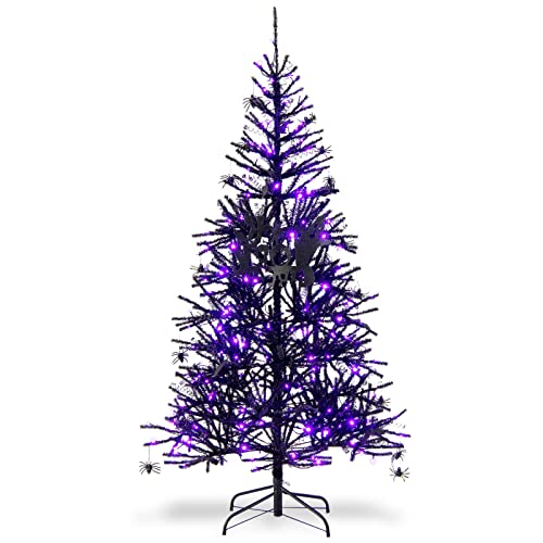 COSTWAY 180 cm Árbol Artificial de Halloween, Árbol de Halloween de Color Negro con 791 Puntas de Rama de PVC, 250 Luces LED y Adornos, Árbol Artificial Hogar, Oficina, Escuela, Instalación Rápida
