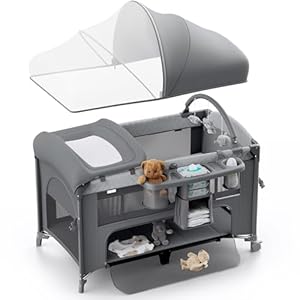 4 in 1 Baby Bassinet, Pack and Play, Bedside Crib Sleeper, Diaper Changer – Comes with Mattress, Mosquito Net,Bottom Storage and Toy Bar for Newborn to Toddles