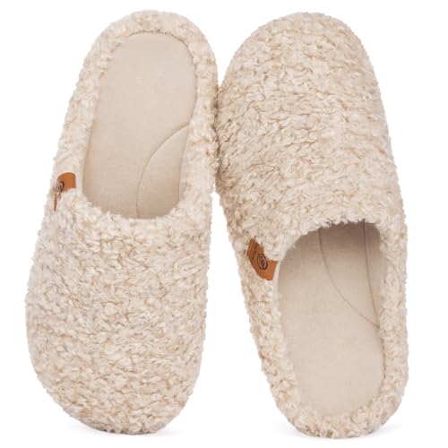EverFoams Womens Fuzzy Clog Slippers with Slip on Footbed for Indoor Outdoor Butter Beige 7-8 US