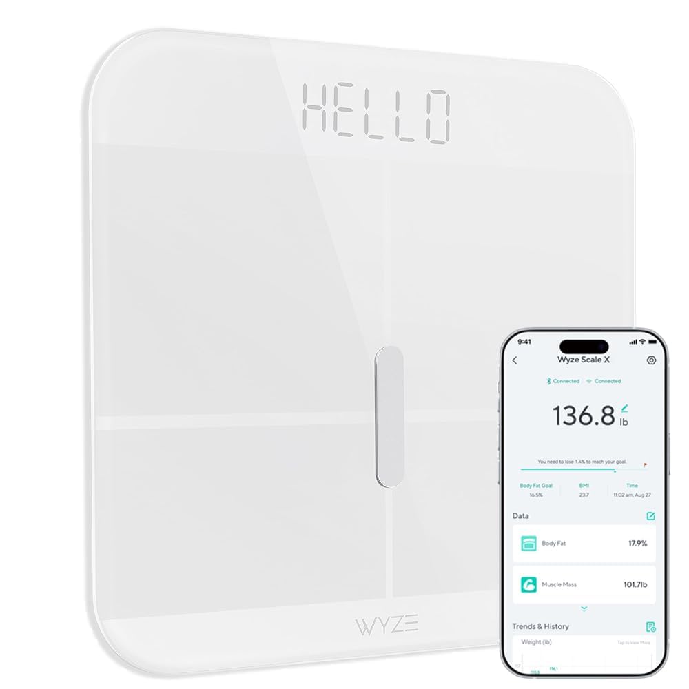 Wyze Smart Scale X – Digital Bathroom Scale for Body Weight, BMI, Body Fat, Muscle Mass, Heart Rate Monitor | ITO Glass & LED Backlight | Batteries Included, 400 lbs (White) Wyze Smart Scale X – Digital Bathroom Scale for Body Weight, BMI, Body Fat, Muscle Mass, Heart Rate Monitor | ITO Glass & LED Backlight | Batteries Included, 400 lbs (White)