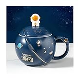 Hwagui Kawaii Astronaut Mug with Lid and Spoon, Handmade Cute Ceramic Cup for Coffee, Tea, Milk, Water, Space Mug Novelty Gift Dark Blue 450ml/15oz