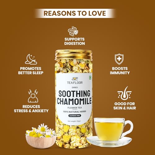 Image of TEAFLOOR Dried Soothing Chamomile Flower Tea || 100% Pure Flower Buds || Caffeine Free, Pure Herbal Tea || Perfect For Night's Sleep || Net Weight :35 Gram (Pack Of 4)