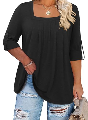 Kancystore Women's Plus Size Tops Square Neck Roll Up Long Sleeve Fall Shirts Pleated Tunic Blouses Black XL