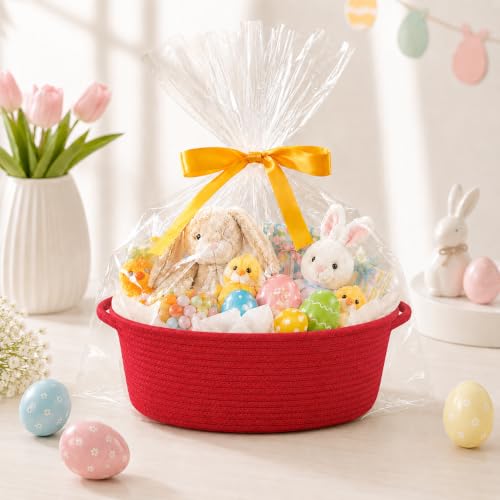 Image of Empty Gift Basket with Gift Bag & Ribbon, Woven Rope Basket, 12x8x5 inch