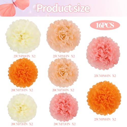 Image of BestoFun 16Pcs Pink & Orange Party Decorations - Pom Poms, Paper Flowers & Boho Groovy Decorations for Fall, Autumn, Thanksgiving, Birthday, Baby Showers & Weddings