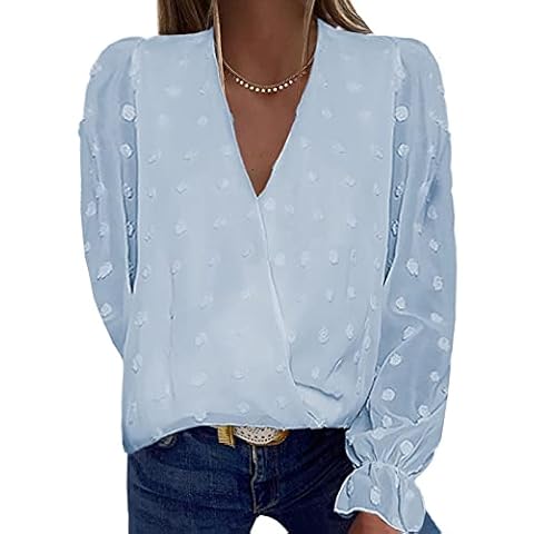 Diukia Women Sexy V Neck Wrap Front Blouses Shirts Cute Elegant Swiss Dot Pom Pom Sheer Flowy Puff Long Sleeve Blouse Tops Ladies Casual Loose Solid Chiffon Blouses for Summer Autumn Spring Sky Blue M Cover