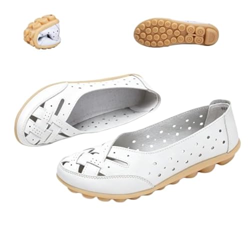 Womens Orthopedic Loafers in Breathable Leather Comfortable Hollow Closed Toe Soft Flats Sandals Summer Casual Slip-On Shoes (Wh