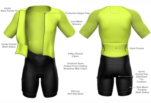 WIXEN Men’s Classic Short Sleeve Triathlon Suit, Padded Quick-Dry Aero Tri Suit for Swim Bike Run, Cycling Race Skinsuit Black/Neon Green