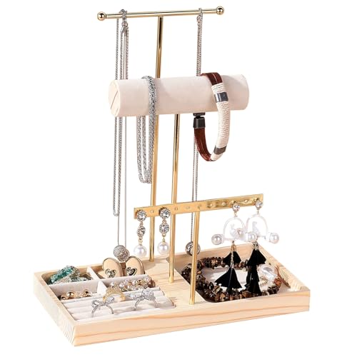 Kinwers Sieradenstandaard, goud, 3-traps verstelbare sieradenhouder, organizer, standaard, met oorbelstandaard, armband, standaard, sieradenopslag, oorbellen voor meisjes en vrouwen