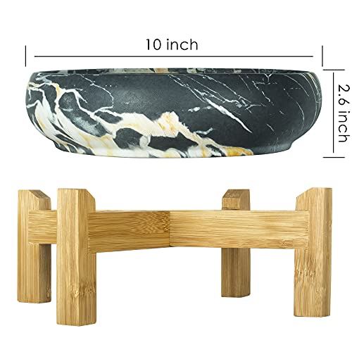 ARTKETTY Succulent Plant Pot, 25.5 CM Large Bonsai Pots with Drainage Stand, Shallow Marble Cactus Plant Pot Ceramic Pots for Indoor/Outdoor Succulent Plants Decorative Garden Flower Plant Bowl