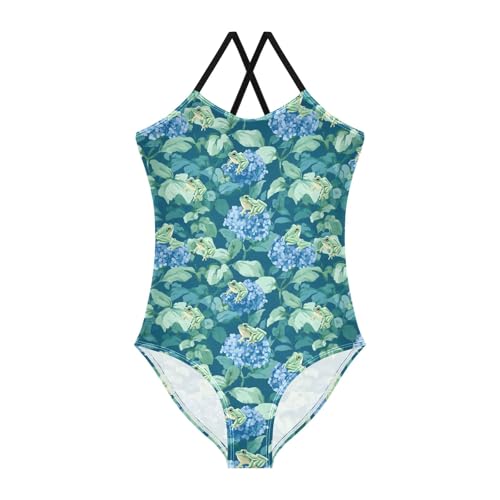 senya Girls Swimsuits One-Piece Swimwear Tie Bathing Suit Beach Summer Round Neck 7-8T Green Frog Blue Hydrangea Pattern