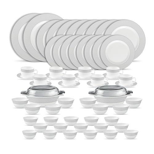 Image of La Opala Diva Velvett Collection Opal Glass Crockery | for Family of 8 | Dinner Set 62 pcs Imperial Grey | Plates & Bowls for Dining | Microwave Safe | 100% Vegetarian | Extra Strong | Light & White