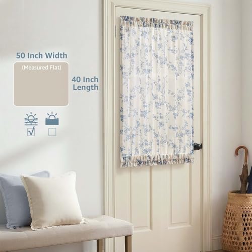 Image of jinchan Floral French Door Curtain Panel Farmhouse Decor Light Filtering Linen with Tie Up Bow for Glass Door or Patio 40 Inch Length Rod Pocket 1 Panel Blue on Linen