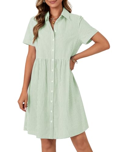 Image of Rooscier Women's Striped Shirt Dress Button Down Collared Short Sleeve Mini Dress
