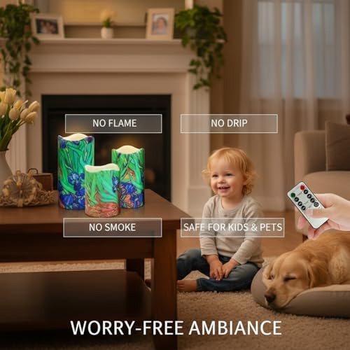 Image of Floral Flameless LED Pillar Candles, 3pcs Van Gogh Irises Battery Operated Flickering Candles with Timer Remote,Decorative Flickering LED Candles for Wedding Mother's Day Home Decor