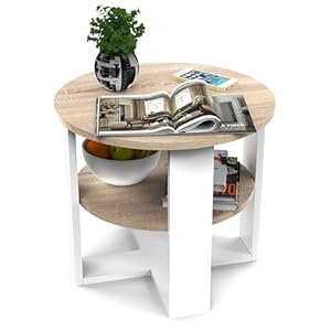 defiPad Couchtisch rund Ø53 cm - Kleiner Beistelltisch mit Ablage - Sonoma Eiche - 2 Ebenen, runder moderner Kaffeetisch im Industrial Design - Hergestellt in der EU