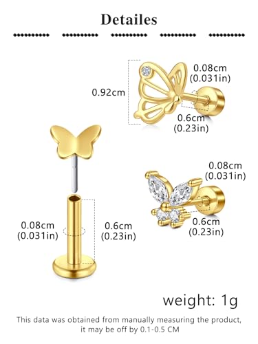 MODRSA Silver Gold Cartilage Earring for Women Hypoallergenic Flat Back Earrings Threadless Helix Earring Tragus Studs 6mm Cartilage Jewelry Flatback Surgical Steel Butterfly Heart Earrings for Women2