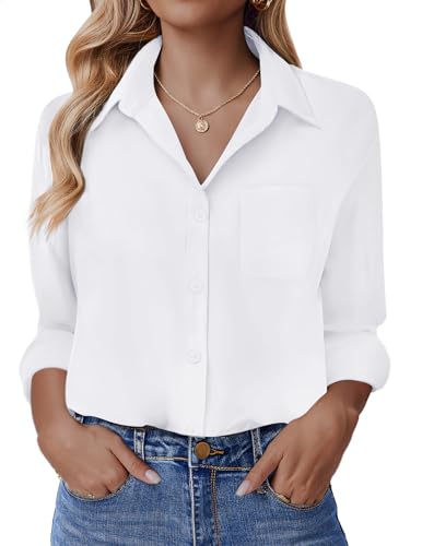 HOTOUCH Button Down Shirt for Women Basic Work Office Drop Shoulder Blouse Casual Loose Long Sleeve Tops with Pocket
