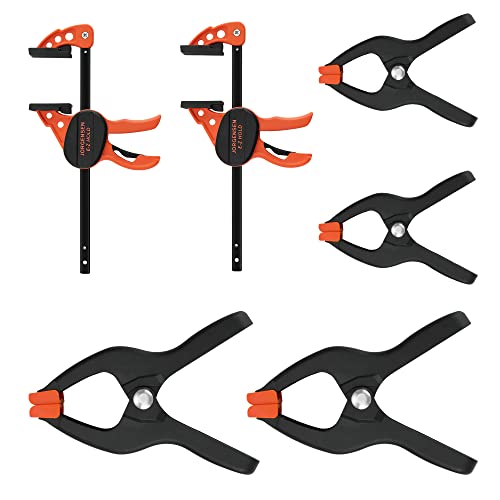 JORGENSEN Mini Clamp Set 6PC, 2PC Bar & 4PC Spring Clamps, 103 mm Wood Clamps One-Handed, Max 68 kg Load Limit, Plastic Nylon Clamp 160 mm&116 mm, Ideal for Woodworking and DIY Projects