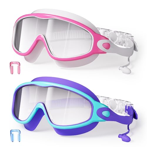 YLKJSWIM Swim Goggles for Kids 3-15 with Earplugs Large Frame Anti-Fog/UV Swimming Goggles for Boys Girls Toddler 2PCS (White Pink& Blue Purple New)